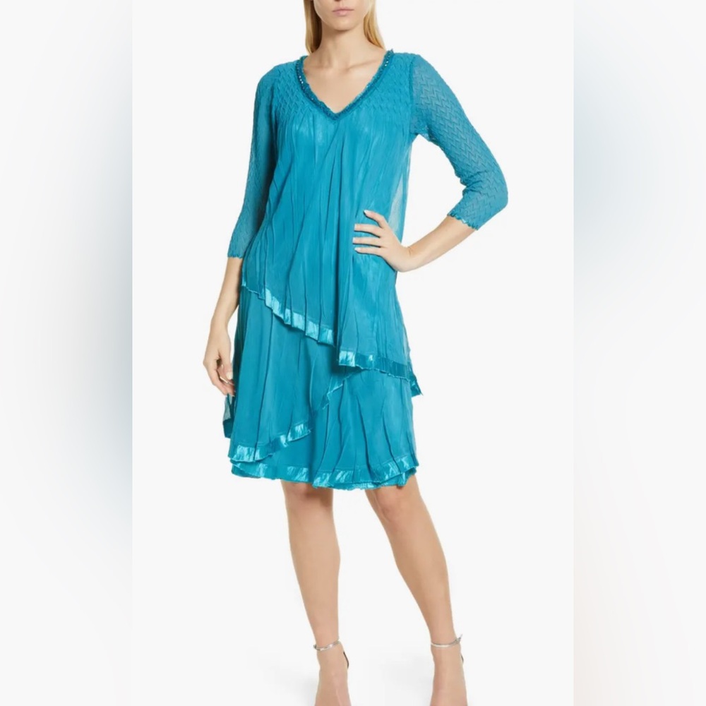 $385 Komarov Layered Chiffon Dress Midi Sz S